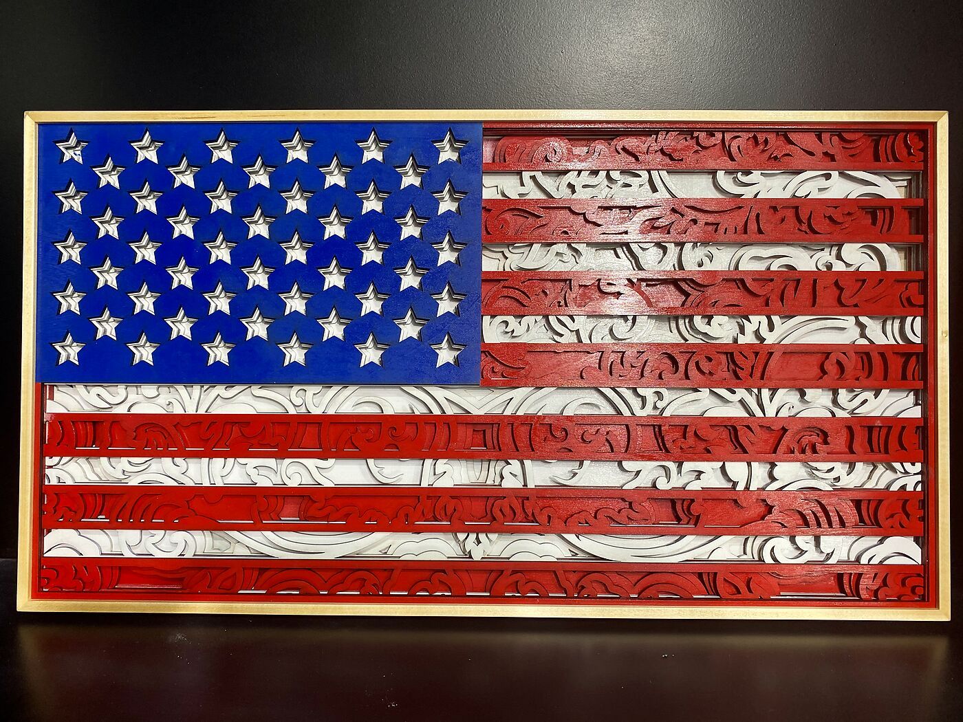 Framed layered laser-cut wooden American flag
